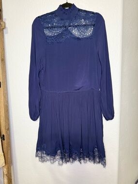 High-Neck Navy Lace-Trim Mini Dress